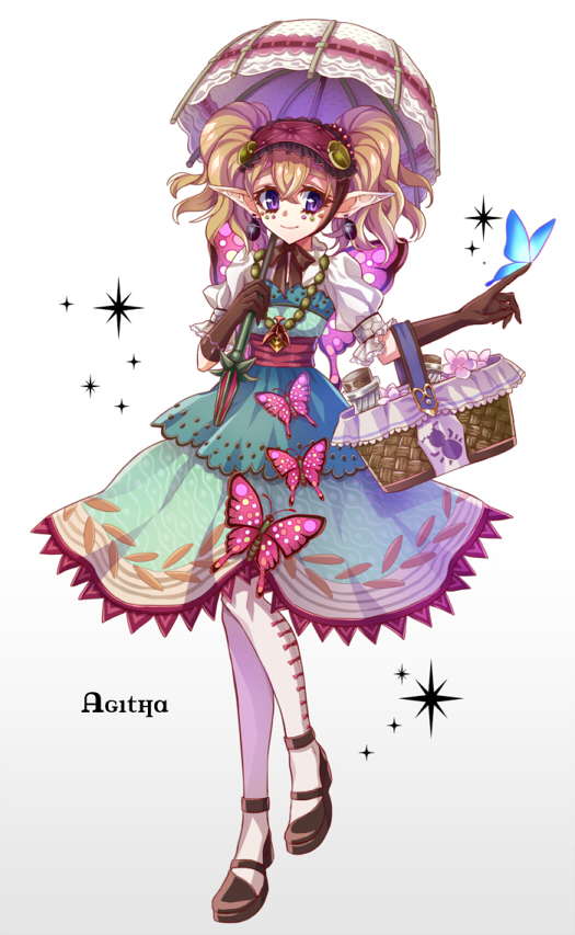 agitha basket blonde_hair bug butterfly earrings gloves insect jewelry long_hair parasol pendant pointy_ears sakana_no_hone smile solo the_legend_of_zelda the_legend_of_zelda:_twilight_princess thighhighs twintails umbrella