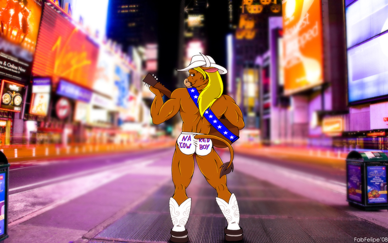 2008 back_turned biceps blonde_hair boots bovine brown_fur butt cattle city clothing cowboy fabfelipe fur guitar hair hat looking_at_viewer male mammal muscles new_york pose smile solo underwear