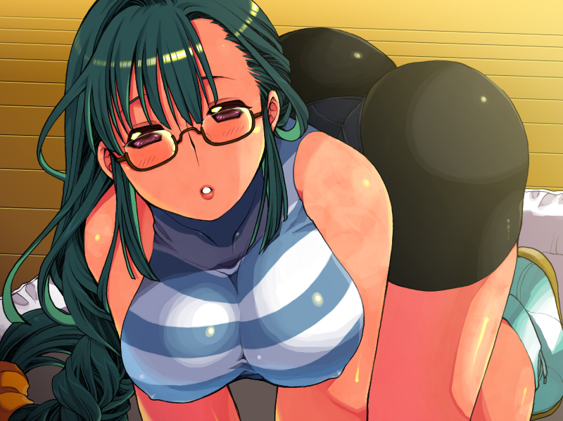 1girl all_fours ass bare_shoulders bike_shorts braid breasts erect_nipples eroe glasses green_hair large_breasts legs leotard long_hair looking_at_viewer purple_eyes solo thighs very_long_hair