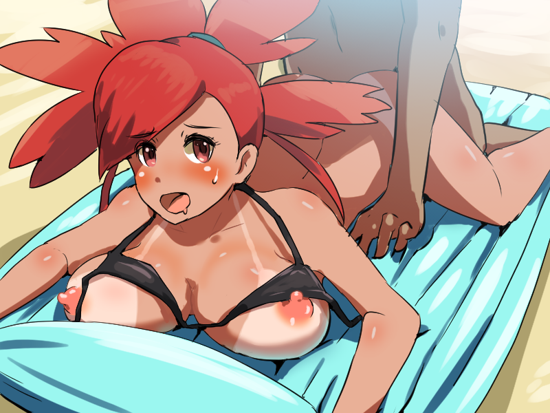 1girl :o ass ass_grab asuna_(pokemon) beach bent_over bikini bikini_lift blush boris_(noborhys) bottomless breasts doggystyle erect_nipples gym_leader large_breasts nipples open_mouth pokemon pokemon_(game) pokemon_oras red_eyes red_hair sex shiny shiny_skin spread_legs sweat swimsuit tan tanline vaginal