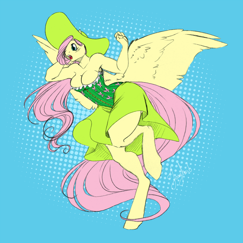 2014 anthro anthrofied blue_eyes blush cleavage clothed clothing corset equine female fluttershy_(mlp) flying friendship_is_magic hair hat jooughust mammal my_little_pony pegasus pink_hair skirt solo wings
