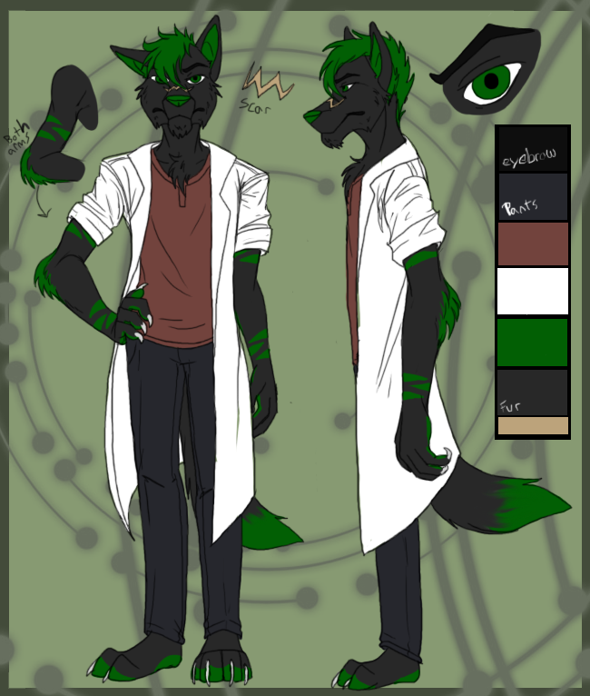 black_jeans brown_shirt canine eye fur_pattern giano_"raven"_blakwulf grumpy inaccurate lab_coat mammal markings model_sheet scar scientist scowl scrawny skinny wolf xx-heartattack