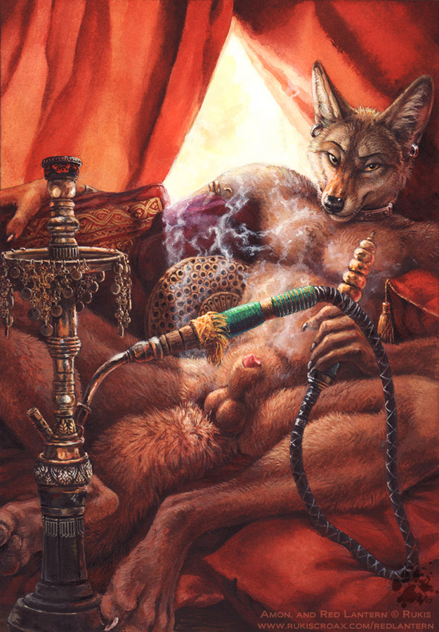 2012 amon anthro balls blotch bracelet canine collar curtains digitigrade ear_piercing half-closed_eyes hookah jackal jewelry looking_at_viewer lounging male mammal penis penis_tip piercing pillow reclining sheath smile smoke smoking solo spread_legs spreading