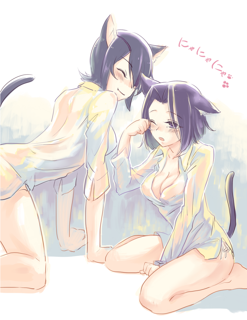 all_fours animal_ears breasts cat_ears cat_tail cleavage closed_eyes eyepatch fang fukuroumori kantai_collection large_breasts multiple_girls no_pants one_eye_closed open_mouth paw_print purple_eyes purple_hair rubbing_eyes short_hair sitting string_panties tail tatsuta_(kantai_collection) tenryuu_(kantai_collection) wariza