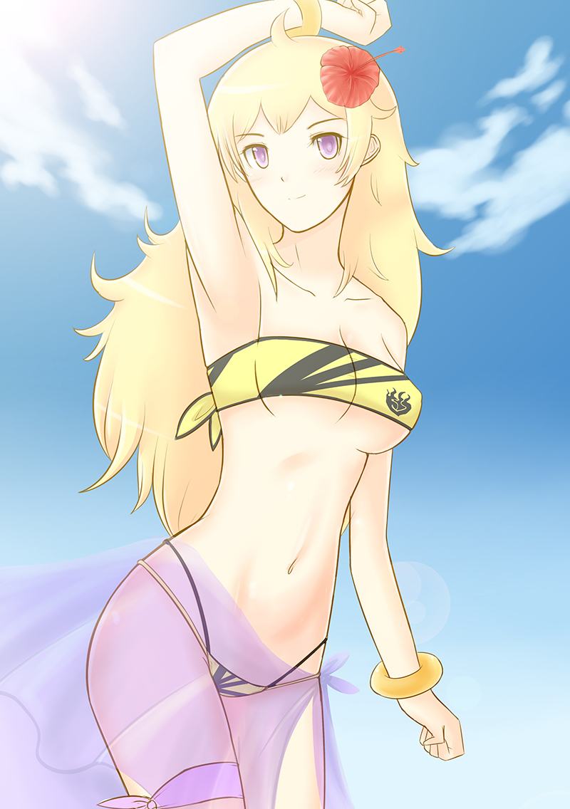 ahoge arm_up armpits bandeau bangs bikini blonde_hair blue_sky blush bracelet breasts cat_with_a_brush cleavage clenched_hands closed_mouth cloud collarbone cowboy_shot day emblem flower from_side groin hair_flower hair_ornament hibiscus highleg highleg_bikini jewelry legs_together long_hair looking_at_viewer medium_breasts multi-strapped_bikini navel outdoors parted_bangs print_bikini purple_eyes purple_ribbon ribbon rwby sarong see-through sky smile standing strapless strapless_bikini swimsuit thigh_ribbon underboob wavy_hair yang_xiao_long yellow_bikini