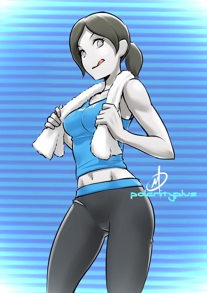 1girl :p black_hair breasts closed_mouth daniel_macgregor female looking_at_viewer nintendo pants solo sweatpants tongue tongue_out towel wii_fit wii_fit_trainer