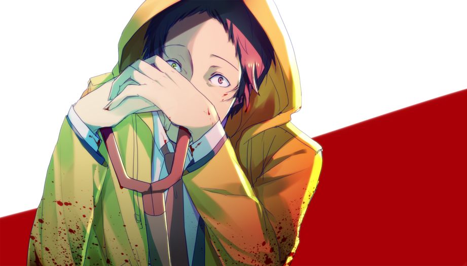adachi_tooru bad_id bad_pixiv_id blood blood_splatter bloody_clothes ebi_skak male_focus necktie persona persona_4 persona_4:_the_ultimate_in_mayonaka_arena persona_4:_the_ultimax_ultra_suplex_hold raincoat shovel solo