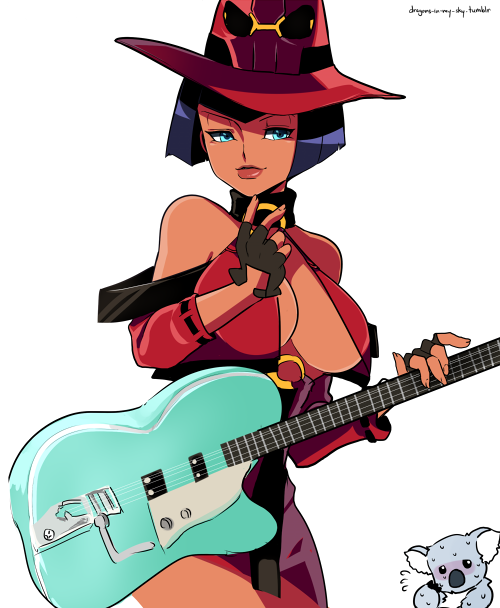 bad_id bad_tumblr_id bare_shoulders black_hair blue_eyes breasts cleavage cosplay d-ryuu dark_skin electric_guitar eliza_(skullgirls) guilty_gear guitar halterneck hat holding i-no i-no_(cosplay) instrument koala large_breasts lips red_hat simple_background skull skullgirls solo watermark web_address white_background witch_hat