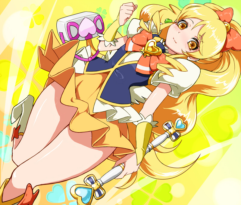 blonde_hair boots bow bowtie brooch cure_honey dutch_angle fuji_hyorone full_body hair_bow happinesscharge_precure! jewelry knee_boots long_hair magical_girl oomori_yuuko precure puffy_sleeves ribbon skirt smile solo wand wide_ponytail wrist_cuffs yellow_background yellow_eyes yellow_skirt
