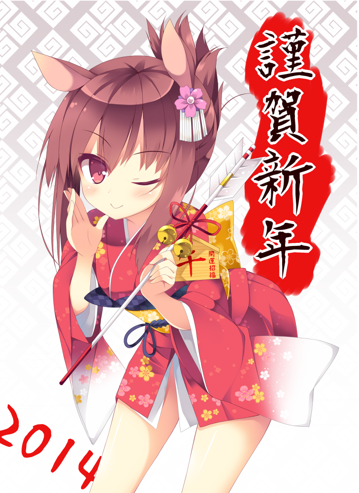 ;) animal_ears arrow bad_id bad_pixiv_id bent_over brown_eyes brown_hair folded_ponytail hair_ornament holding horse_ears horse_girl japanese_clothes kimono looking_at_viewer nibiiro_shizuka one_eye_closed original short_kimono smile solo translation_request