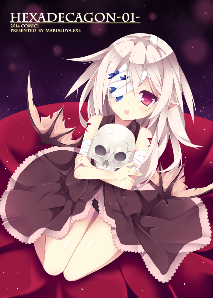 bad_id bad_pixiv_id bandage_over_one_eye bandaged_arm bandages bat_wings cover cover_page doujin_cover holding long_hair looking_at_viewer nibiiro_shizuka object_hug open_mouth original panties pantyshot pantyshot_(sitting) pointy_ears red_eyes silver_hair sitting skull solo underwear wings