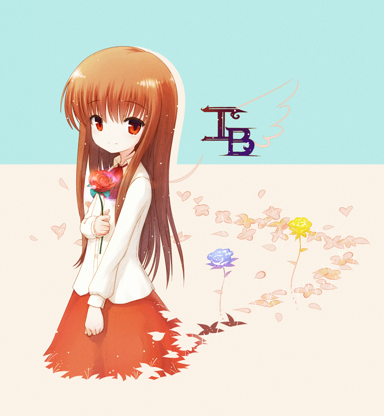 brown_eyes brown_hair character_name copyright_name field flower flower_field holding ib ib_(ib) long_hair looking_at_viewer rose simple_background smile solo two-tone_background zimajiang