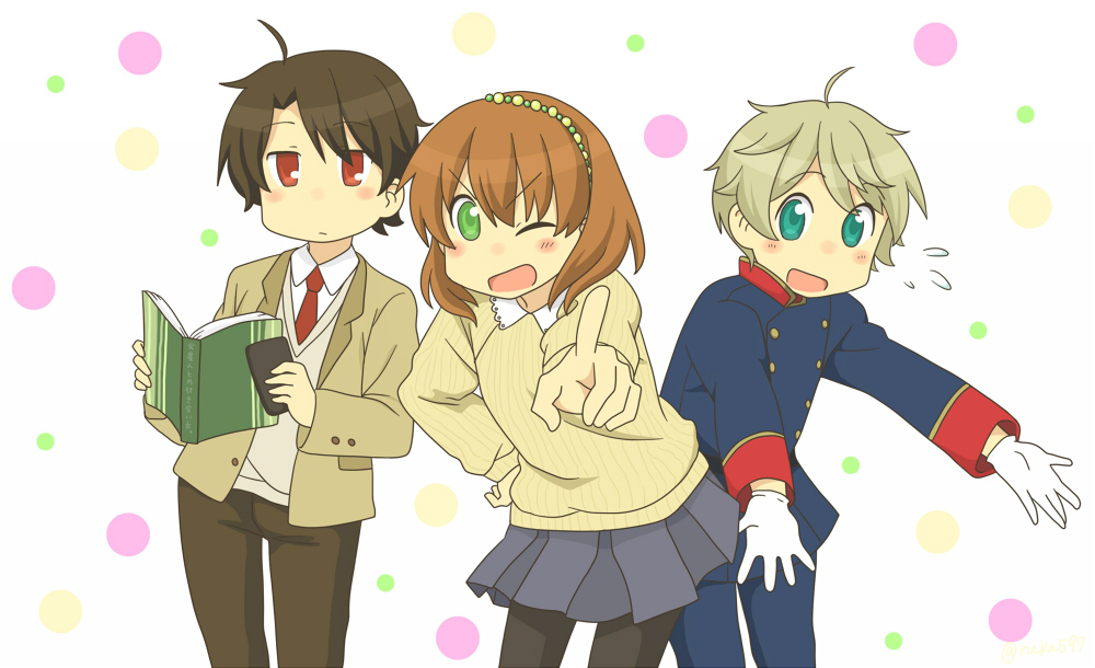 2boys aldnoah.zero asseylum_vers_allusia blue_skirt book brown_hair expressionless gloves green_eyes hyadain_no_kakakata_kataomoi_-_c kaizuka_inaho military military_uniform miniskirt multiple_boys nichijou one_eye_closed open_mouth pantyhose parody pleated_skirt pointing pointing_at_viewer red_eyes ryuka school_uniform short_hair silver_hair skirt slaine_troyard sweater sweater_vest uniform white_gloves