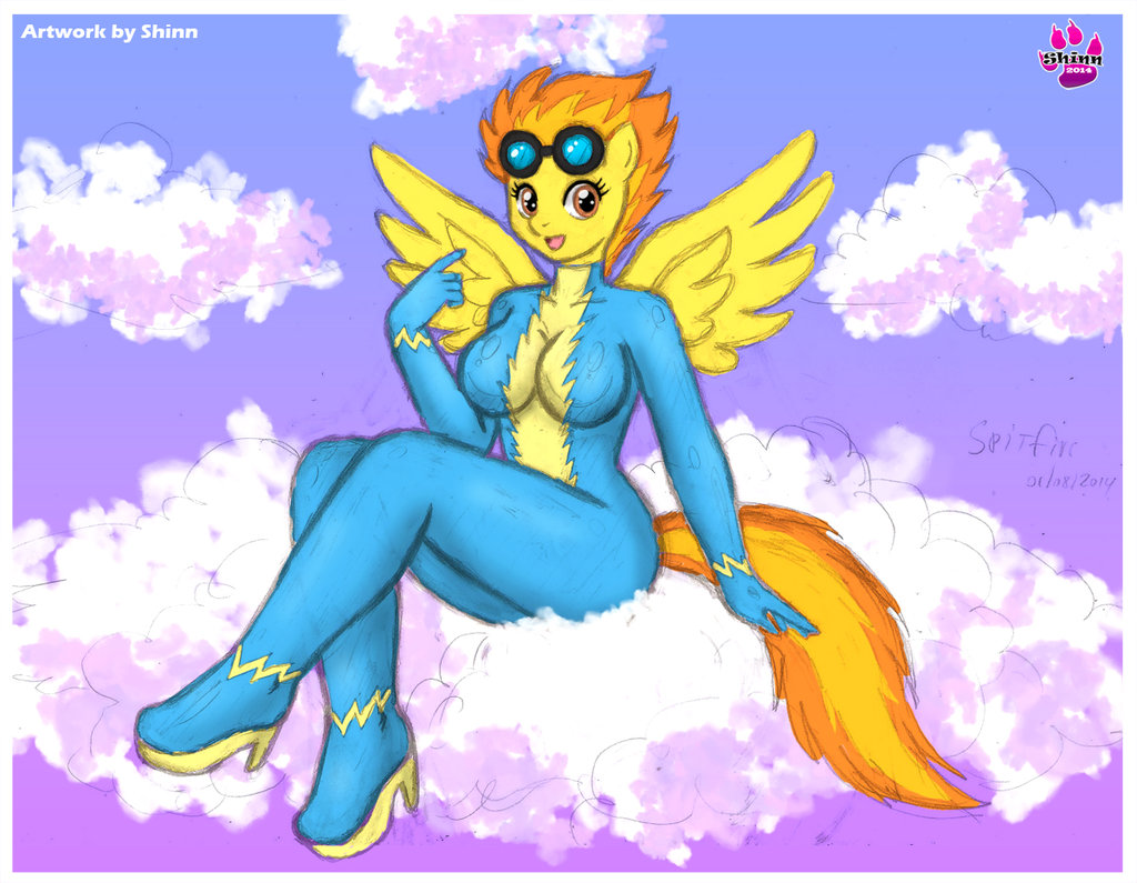 2014 anthro anthrofied blonde_hair breasts brown_eyes cloud equine eyewear female friendship_is_magic goggles hair heels looking_at_viewer mammal my_little_pony orange_hair outside pegasus shinn sitting skinsuit sky solo spitfire_(mlp) two_tone_hair wings wonderbolts_(mlp)