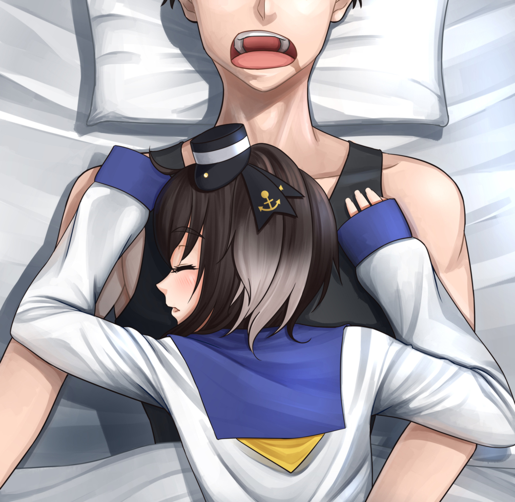 1girl admiral_(kantai_collection) brown_hair closed_eyes commentary_request easy_(aqk7bdqt) gradient_hair grey_hair hat kantai_collection lying_on_person mini_hat multicolored_hair open_mouth partial_commentary short_hair sleeping sleeves_past_wrists tokitsukaze_(kantai_collection)