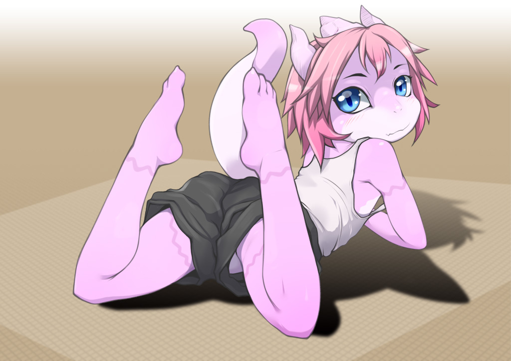 2014 anthro blue_eyes blush clothed clothing cub dragon female hair horn j7w looking_at_viewer looking_back pink_body scalie shadow solo young