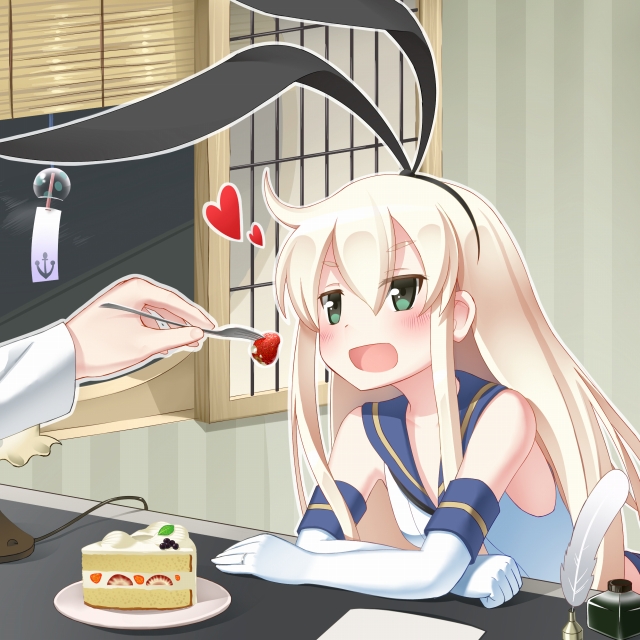 :d blonde_hair bottle cake elbow_gloves feeding food fork fruit gloves green_eyes hair_ribbon heart ink_bottle jewelry kantai_collection keizoo long_hair open_mouth out_of_frame plate pov_feeding quill ribbon ring shimakaze_(kantai_collection) slice_of_cake smile solo_focus strawberry strawberry_shortcake wind_chime
