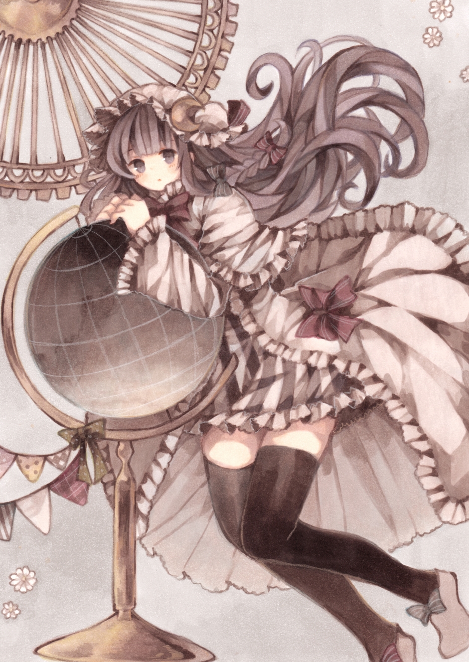 bad_id bad_pixiv_id black_legwear coat crescent dress globe hair_ribbon hat highres long_hair long_sleeves looking_at_viewer open_clothes open_coat patchouli_knowledge purple_dress purple_eyes purple_hair ribbon solo striped striped_dress thighhighs touhou tress_ribbon very_long_hair wide_sleeves wiriam07 zettai_ryouiki