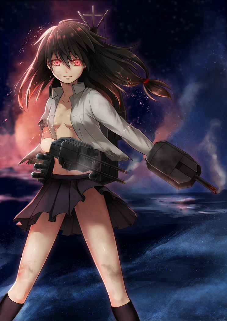 black_hair black_legwear black_skirt hatsushimo_(kantai_collection) hiki_yuichi kantai_collection kneehighs long_hair long_sleeves low-tied_long_hair machinery night night_sky ocean open_clothes pleated_skirt red_eyes school_uniform skirt sky solo torn_clothes torn_sleeves