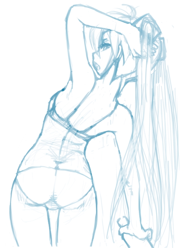 ass bra from_behind hatsune_miku long_hair monochrome o-minato panties sketch solo twintails underwear underwear_only very_long_hair vocaloid