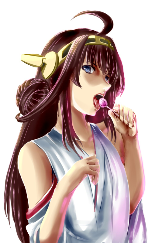 ahoge blue_eyes brown_hair candy detached_sleeves food headgear ishii_hisao kantai_collection kongou_(kantai_collection) lollipop long_hair nontraditional_miko open_mouth solo upper_body white_background