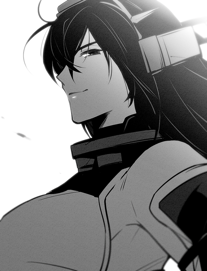 banned_artist bare_shoulders breasts chikage_(kinokodou) elbow_gloves gloves greyscale headgear kantai_collection large_breasts light_smile long_hair monochrome nagato_(kantai_collection) simple_background smile solo upper_body white_background