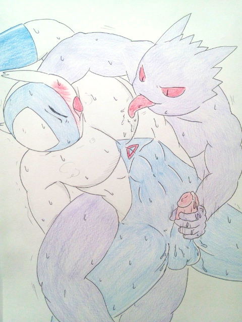 abs anthroized aretha_(アレサ) blush eyes_closed forced gay gengar handjob latios licking_nipple male muscles nintendo open_mouth pecs penis pok&eacute;mon precum red_schlera sweat tongue video_games