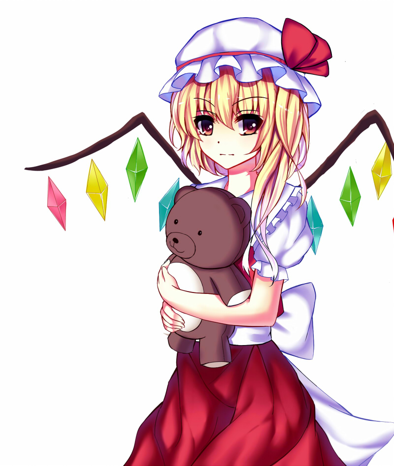 bad_id bad_pixiv_id blonde_hair crossed_arms doll_hug dress flandre_scarlet hat hat_ribbon looking_at_viewer meng_xiao_jiong mob_cap pink_eyes puffy_short_sleeves puffy_sleeves red_dress ribbon sash shirt short_sleeves side_ponytail solo stuffed_animal stuffed_toy teddy_bear touhou wings