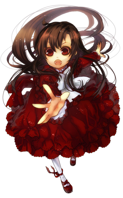 bad_id bad_pixiv_id blush brown_hair copyright_request dress falling lolita_fashion long_hair outstretched_arm outstretched_hand reaching red_eyes rori_(artist) solo