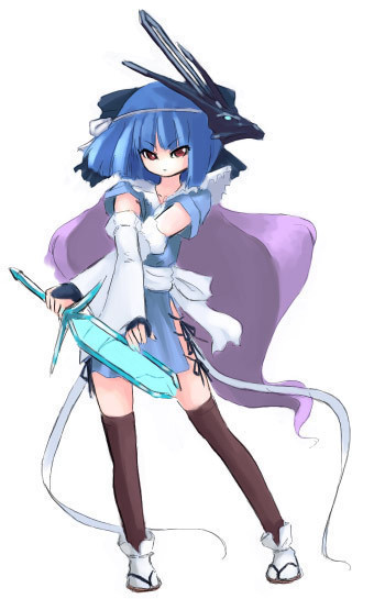 angry blue_hair cosplay detached_sleeves girl kneehighs pokemon ribbon ribbons short_hair suicune sword weapon