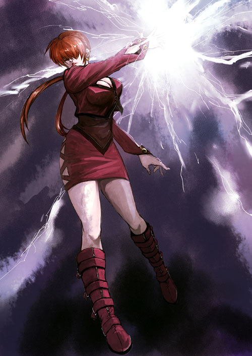 boots cleavage_cutout hair_over_eyes knee_boots lightning miniskirt muccky red_hair shermie skirt solo the_king_of_fighters twintails