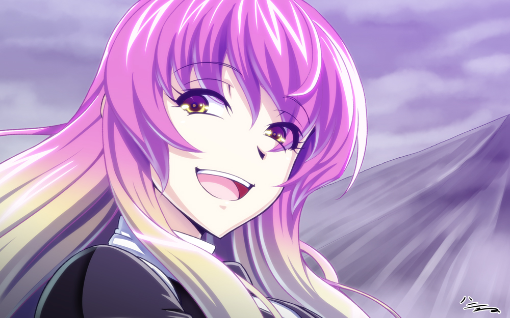 :d blonde_hair close-up cloud commentary dress face gradient_hair h-new hijiri_byakuren long_hair looking_at_viewer mountain multicolored_hair open_mouth parody purple_background purple_hair simple_background smile solo street_fighter teeth touhou upper_body yellow_eyes