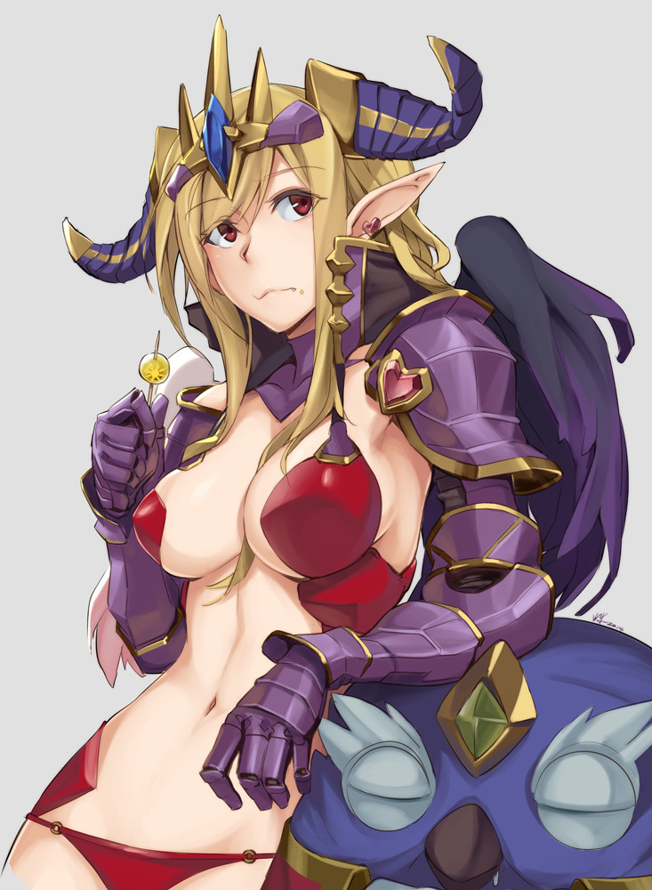 amon_(p&amp;d) arm_support armor bikini_armor bird blonde_hair breasts cleavage crown demon_girl earrings eating fang gauntlets heart heart_earrings horns jewelry kurowa large_breasts leaning lilith_(p&amp;d) long_hair navel owl panties pauldrons pointy_ears puzzle_&amp;_dragons red_eyes revealing_clothes solo underwear wings