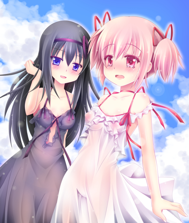 :d akemi_homura black_hair blush breasts choker covered_nipples day embarrassed frills hair_ribbon kaname_madoka lingerie long_hair looking_at_viewer mahou_shoujo_madoka_magica multiple_girls negligee nipples open_mouth outdoors pink_eyes pink_hair purple_eyes ribbon see-through short_hair short_twintails skf small_breasts smile twintails underwear yuri