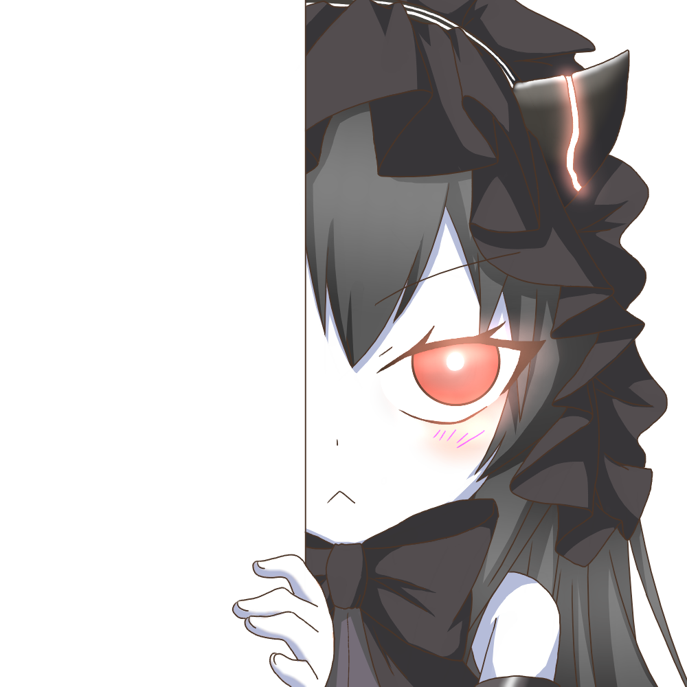 :&lt; black_hair closed_mouth hairband horn isolated_island_oni kantai_collection lolita_hairband long_hair looking_at_viewer nagineko peeking_out red_eyes shinkaisei-kan solo transparent_background v-shaped_eyebrows white_skin