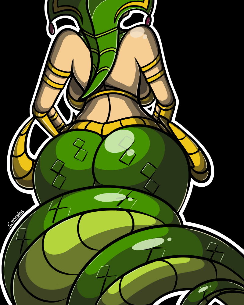 anthro belt big_breasts big_butt bracelet breasts butt canastus cassiopeia female jewelry lamia league_of_legends long_tail monster monster_girl naga pinup pose reptile scalie shiny snake solo
