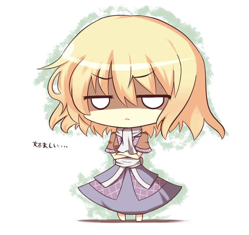 :&lt; blonde_hair chibi gaius_(nikoniko2) looking_at_viewer mizuhashi_parsee scarf shaded_face short_hair solo touhou translated