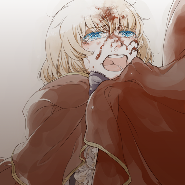 blood blood_on_face blue_eyes bow brown_hair cape crying crying_with_eyes_open facial_mark frills grabbing green_eyes lily_(pandora_hearts) open_mouth pandora_hearts short_hair snot solo_focus tears weiv