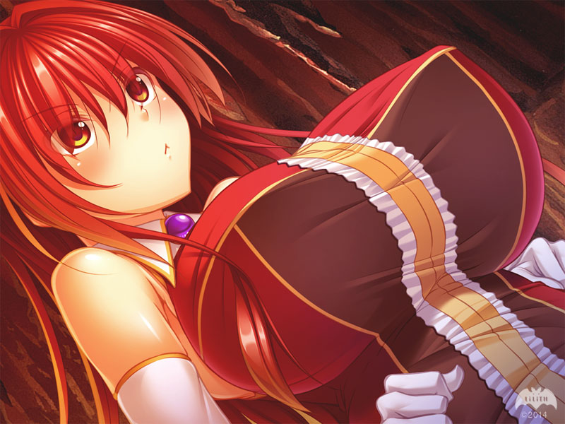 1girl blush breasts huge_breasts large_breasts lilith-soft long_hair red_hair solo