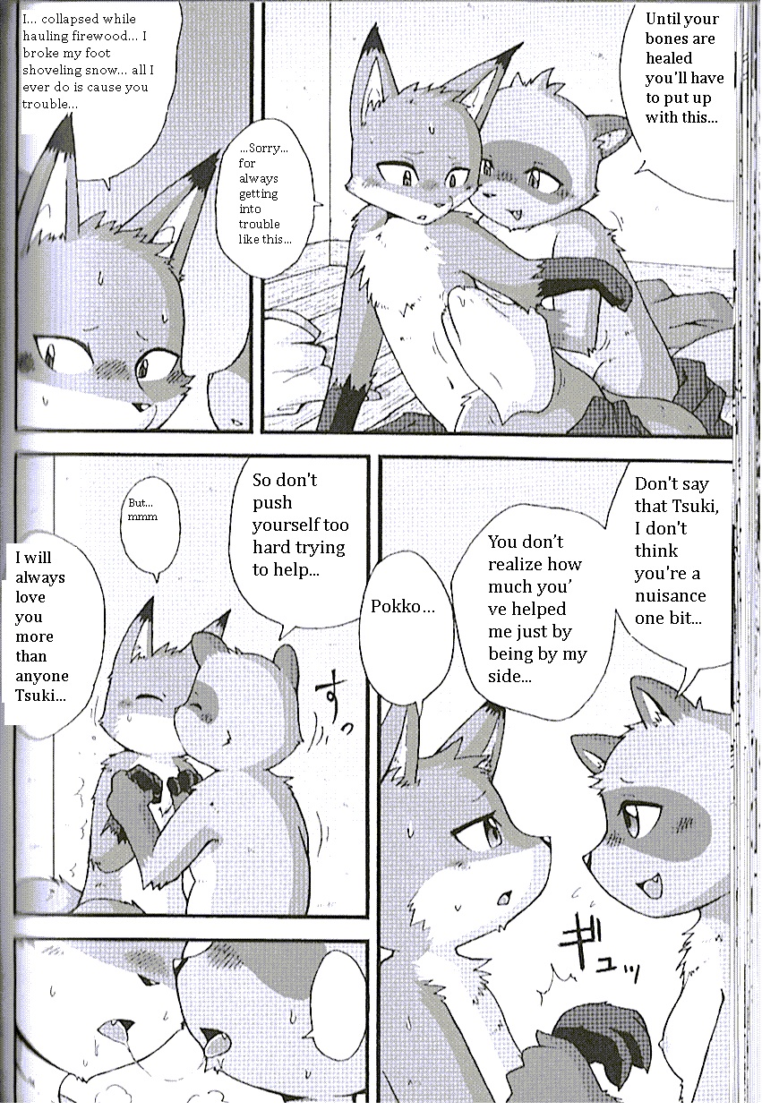 anthro blush canine comic dialog duo fox hand_holding kissing love mammal mikazuki_karasu nude pokko raccoon saliva saliva_string text tongue translated tsuki washing