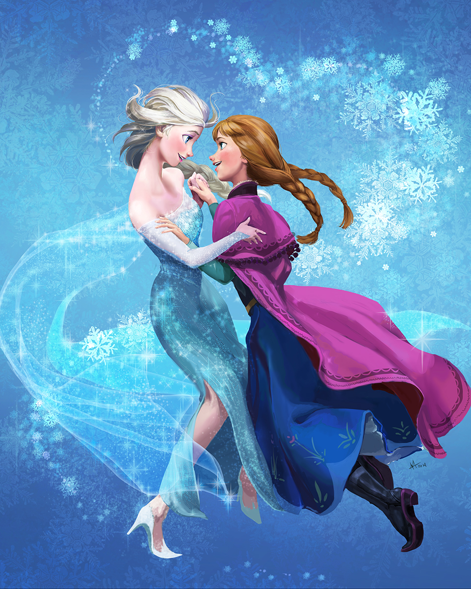 anna_(frozen) bare_shoulders black_footwear blue_background blue_dress boots braid brown_hair cape dress elsa_(frozen) eyeshadow frozen_(disney) full_body hand_on_another's_arm heart high_heels highres holding_hands long_sleeves looking_at_another makeup maya_sawamura_anderson multiple_girls official_style princess queen see-through siblings side_slit single_braid sisters smile snowflakes sparkle strapless strapless_dress twin_braids