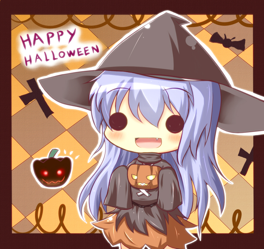 :d blue_hair chibi fang gaius_(nikoniko2) halloween happy_halloween hat holding jack-o'-lantern long_hair looking_at_viewer open_mouth original smile solid_circle_eyes solo witch_hat