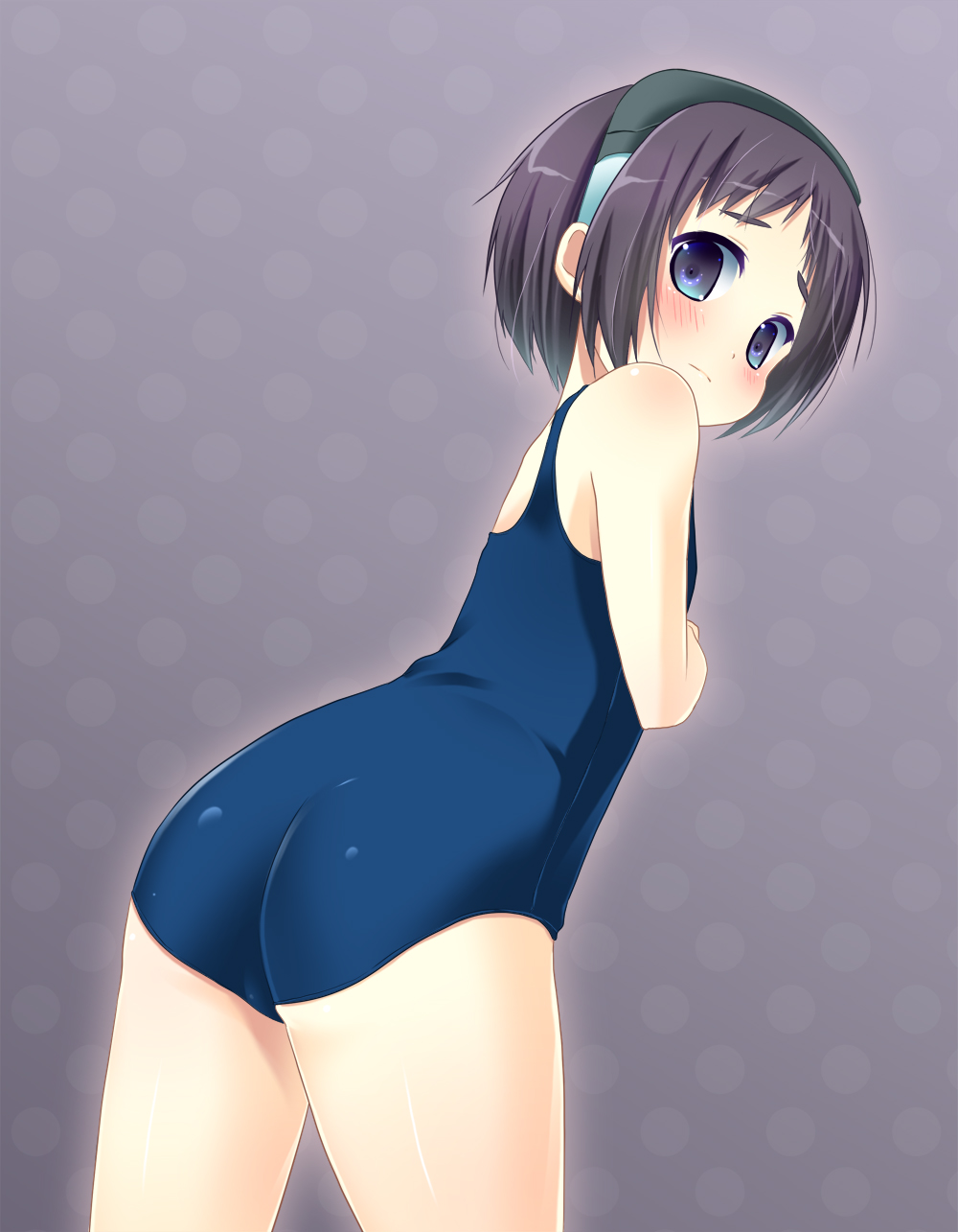 alternate_costume ass black_hair blue_eyes blush diving_mask diving_mask_on_head from_behind hanamiya_natsuka highres kantai_collection looking_at_viewer maru-yu_(kantai_collection) one-piece_swimsuit school_swimsuit short_hair solo swimsuit