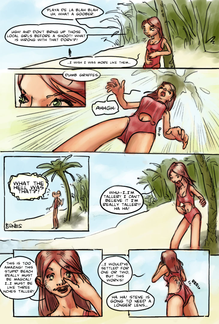 beach bones_(artist) cleavage clothed clothing comic female giraffe hair human mammal one-piece_swimsuit red_hair seaside solo swimsuit tall transformation