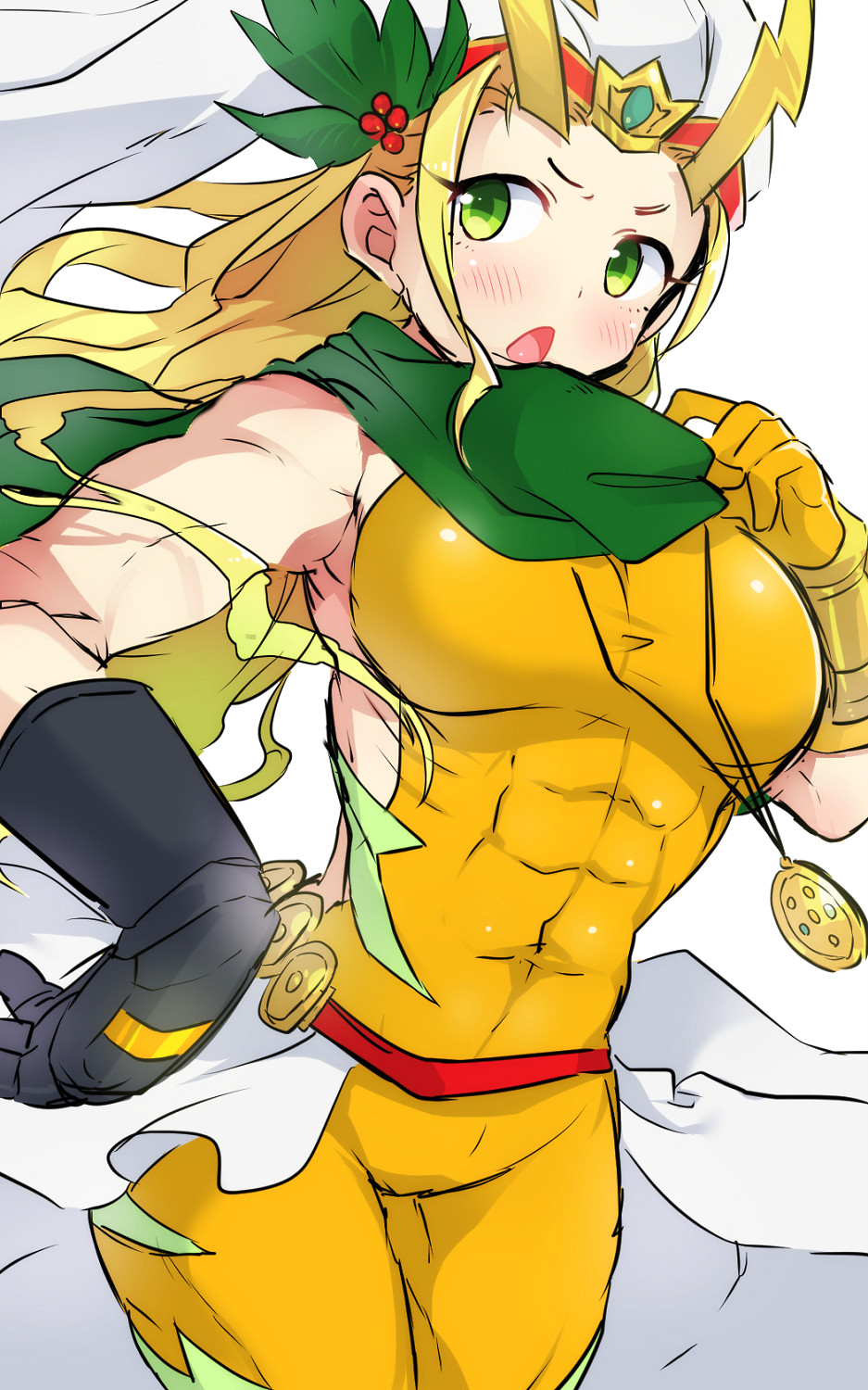 abs akemaru armpits asymmetrical_gloves bare_shoulders berries black_gloves blonde_hair blush bodysuit breasts covered_navel genderswap genderswap_(mtf) gloves green_eyes headdress highres jewelry large_breasts leaf lightning_bolt long_hair muscle muscular_female necklace open_mouth orange_bodysuit pendant puzzle_&amp;_dragons scarf solo thor_(p&amp;d) yellow_gloves