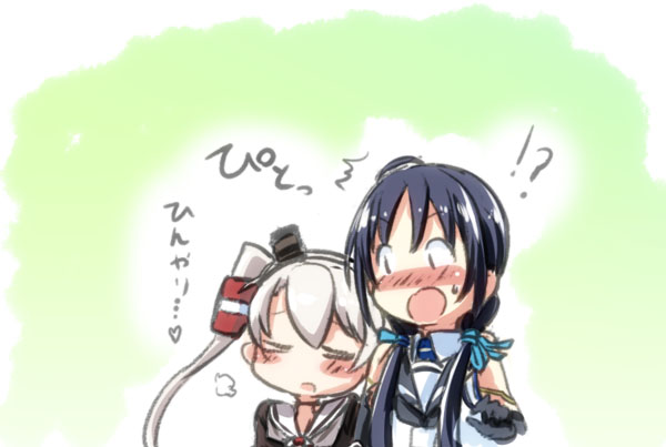 2girls alternate_hairstyle amatsukaze_(kantai_collection) blush closed_eyes commentary_request dress engiyoshi hair_ornament hair_ribbon hair_tubes hairband head_on_shoulder kantai_collection long_hair multiple_girls open_mouth ribbon sailor_dress school_uniform serafuku suzukaze_(kantai_collection) translation_request twintails
