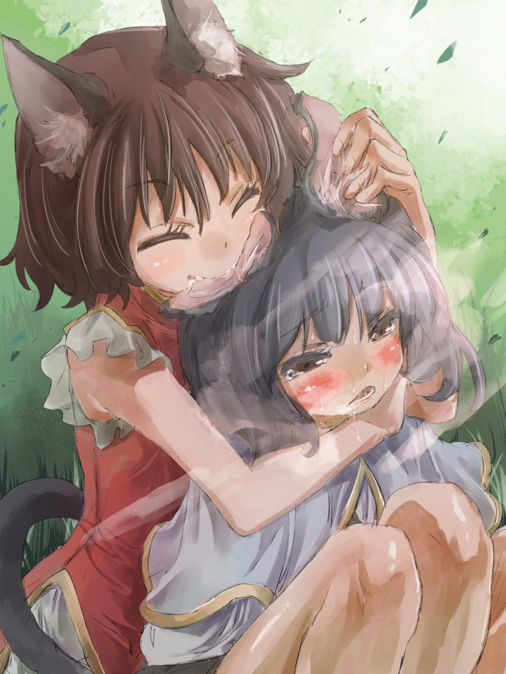 ^_^ animal_ears biting blush brown_hair capelet cat_ears cat_tail chen closed_eyes commentary ear_biting eargasm grey_hair hug hug_from_behind mouse_ears multiple_girls nazrin no_hat no_headwear open_mouth playing_with_another's_ears shirt short_hair sleeveless sleeveless_shirt smile tail touhou yohane yuri