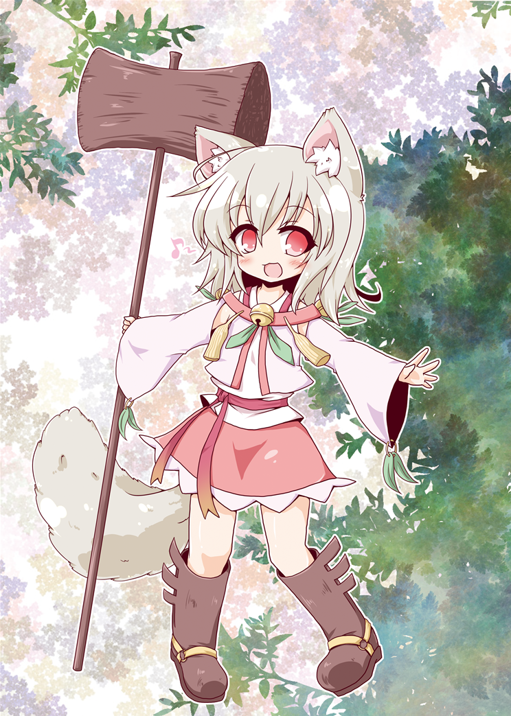 :d animal_ears bell boots borrowed_character detached_sleeves fox_ears fox_tail grimorigin hammer ishigami_akari musical_note neko_yume open_mouth original red_eyes silver_hair skirt smile tail wide_sleeves wood