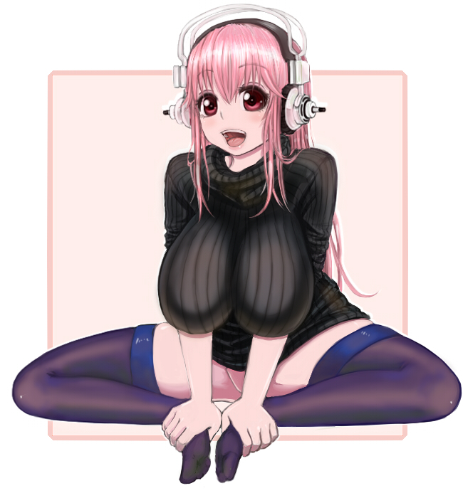 bad_id bad_pixiv_id blush bottomless breasts canpy headphones holding_feet large_breasts long_hair looking_at_viewer nitroplus open_mouth red_eyes smile solo super_sonico sweater thighhighs