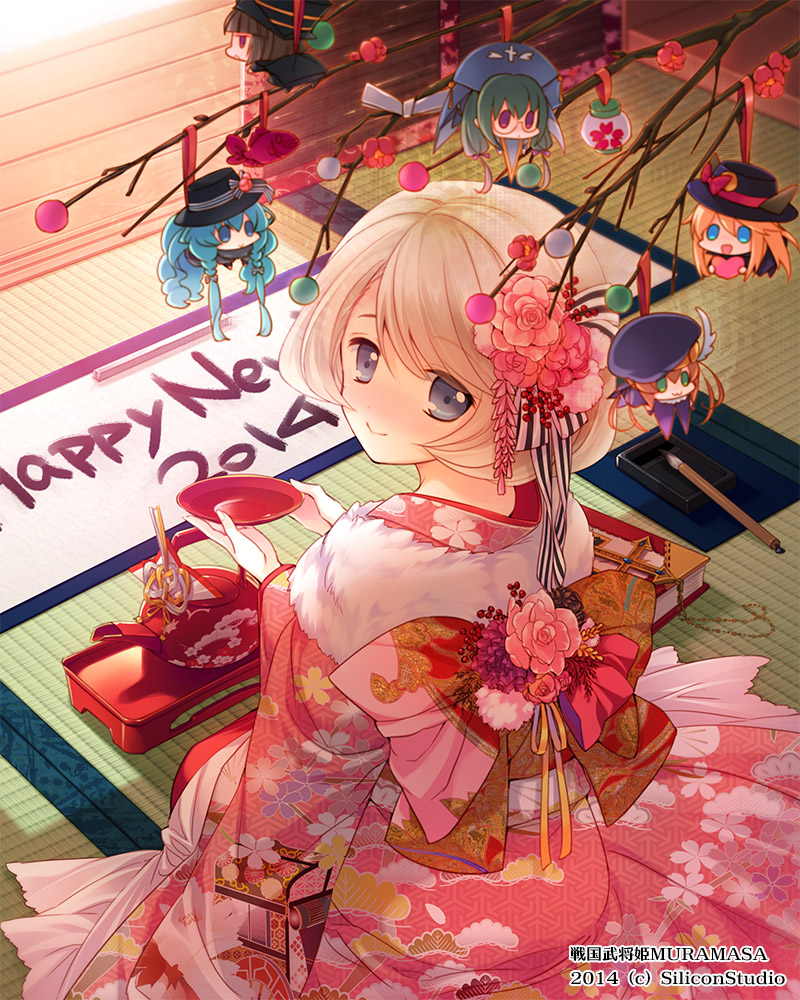 2014 blonde_hair bow character_doll flower from_above hair_flower hair_ornament happy_new_year japanese_clothes kimono looking_at_viewer looking_back looking_up luis_frois_(sengoku_bushouki_muramasa) mizuno_(suisuiw) new_year official_art sengoku_bushouki_muramasa short_hair smile solo